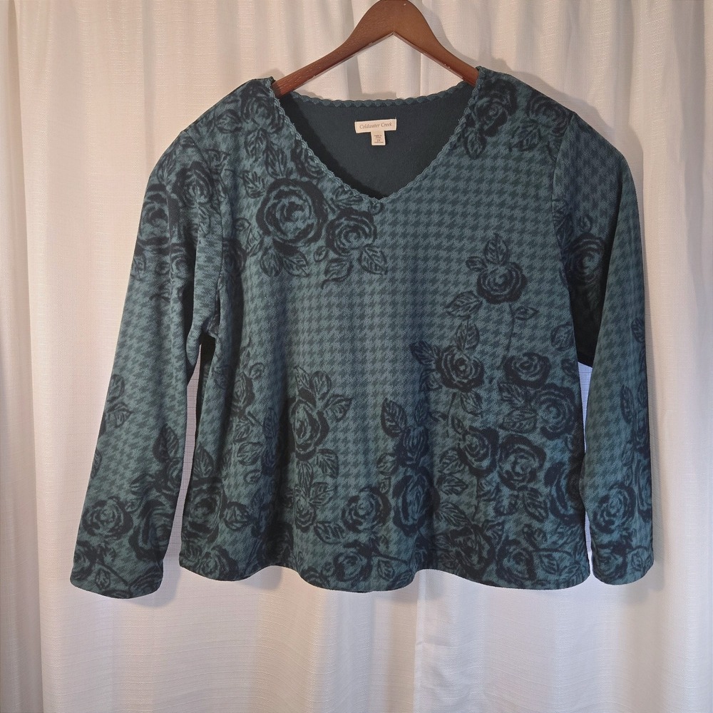 Classic Elements Green Houndstooth Rose Floral Long Sleeve V Neck Top Size 2X